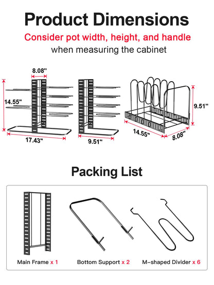 MUDEELA Pots and Pans Organizer Rack under Cabinet 14.55in Height, 8-Tiers Adjustable Pot Rack with 3 DIY Methods, Pot Lid Organizer inside Cabinet for Kitchen Pantry Organization and Storage