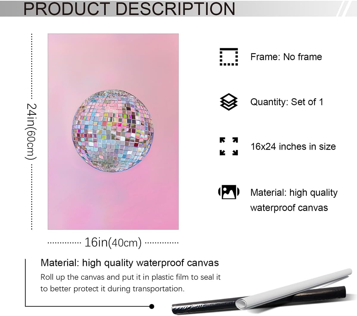 xbsifyiooa 16x24in Silver Disco Ball Canvas Wall Art, Bright Pastel Pink Girly Poster, Trendy Dopamine Mirrorball Wall