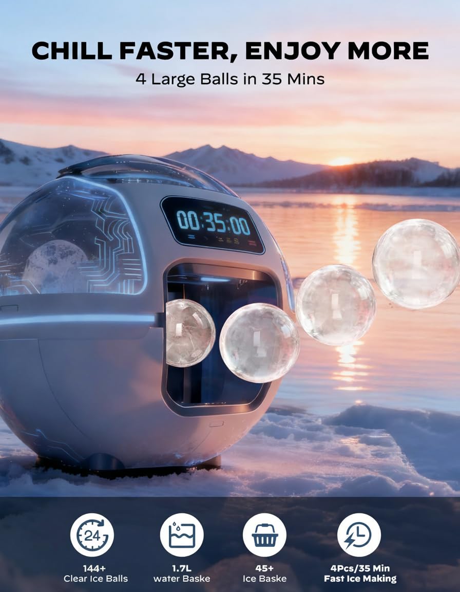 Silonn 2" Sphere Clear Ice Maker Countertop, Slow-Melting Crystal Ice Balls for Whiskey, 4 Pcs in 35 Mins / 144 Pcs/Day, Rapid Sphere Technology, One-Click Self-Cleaning, Ideal for Bourbon