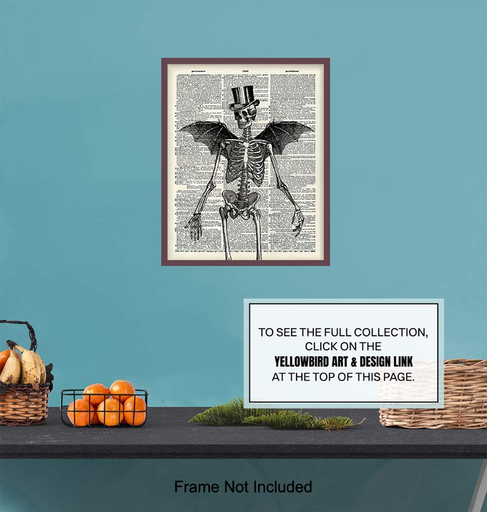 Skeleton Decor - Bat Wall Decor - Steampunk Decoration - Gothic Home Print Wall Art - Goth Room Picture - Gothic Gifts - Medieval Art - Creepy Scary Poster 8x10 - Halloween Decorations - Skull Picture