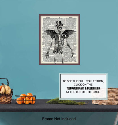 Skeleton Decor - Bat Wall Decor - Steampunk Decoration - Gothic Home Print Wall Art - Goth Room Picture - Gothic Gifts - Medieval Art - Creepy Scary Poster 8x10 - Halloween Decorations - Skull Picture