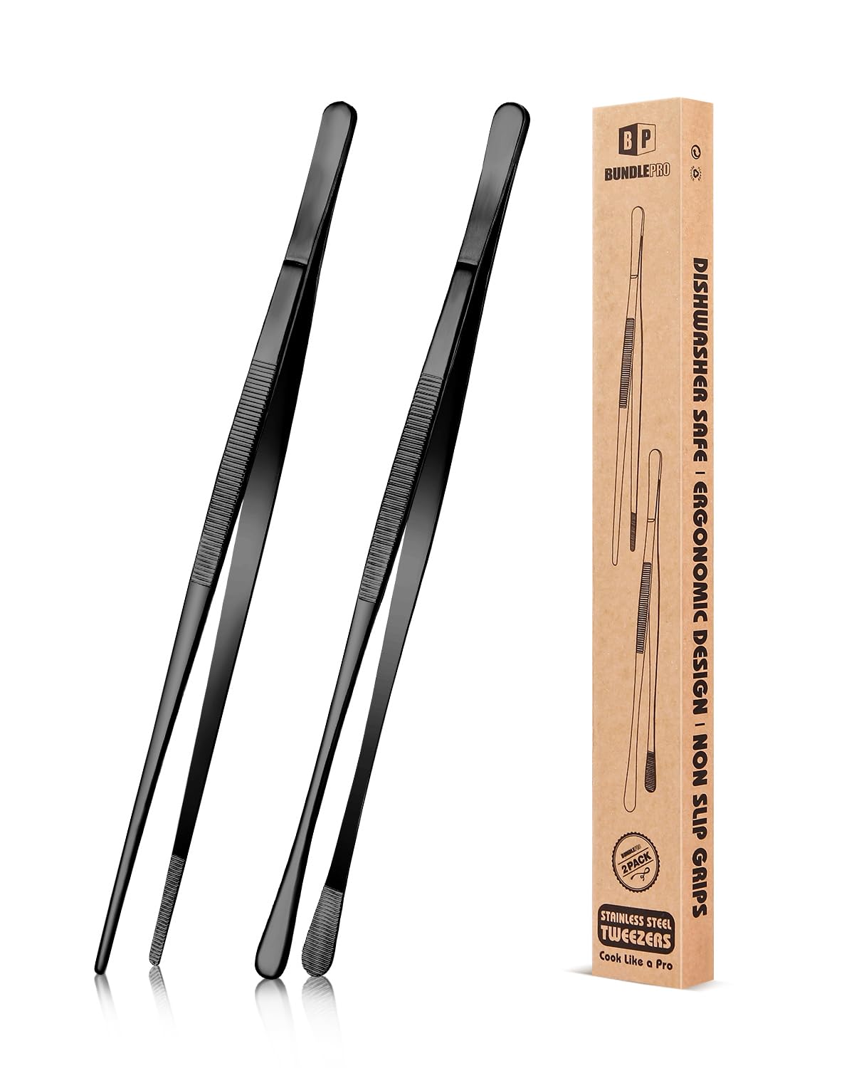 2 Pcs 10-Inch Kitchen Tweezers Fine Tweezer Tongs, Stainless Steel Professional Long Cooking Tweezers for BBQ, Sea Food, Repairing and Serving (BLACK)