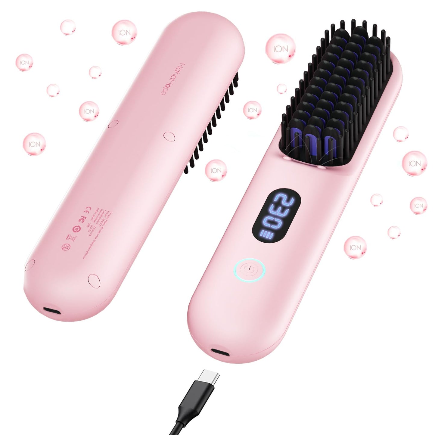 Cordless Hair Straightener Brush-Portable Straightening Comb, 9600mAh Batt, Plasma Tech, 9 Temp-Settings & LED Display, for Travel & Home(Pink)