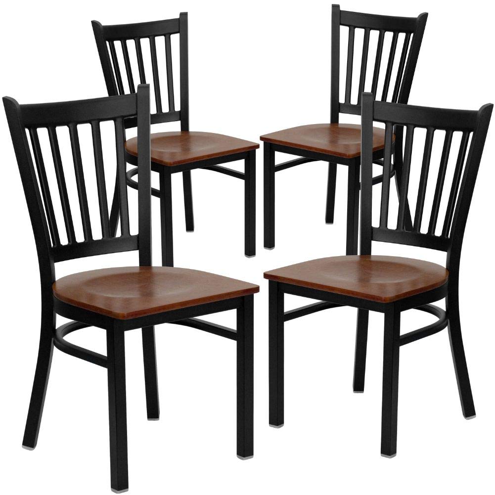 Flash Furniture 4 Pack HERCULES Series Black Vertical Back Metal Restaurant Chair - Cherry Wood Seat