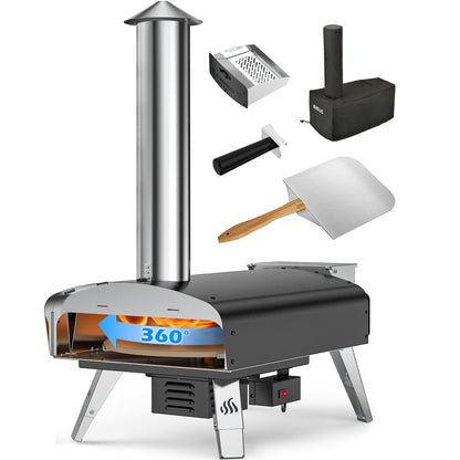 Mimiuo Outdoor Pizza Oven Wood Pellet Fired Pizza Stove with Automatic Rotating Stone, Heavy Duty Pizza Stove for Backyard Camping, Bakes Pizza in 60 Seconds, Includes Pizza Stone, Peel & Cover