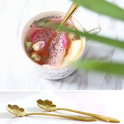 Stainless Steel Creative Flower Coffee Spoon Set - Sugar Spoon, Stirring Spoon, Ice Tea Spoon, Gold, Set of 8