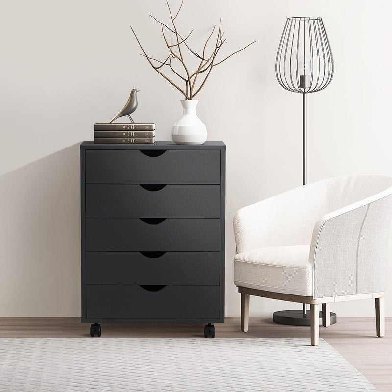 5 Drawer Chest, Office File Cabinets Wooden, Dressers Storage Cabinet, Drawers Wood Organization Furniture, Storage Cabinet Dressers with Wheels, Mobile Organizer Drawers for Bedroom, Black
