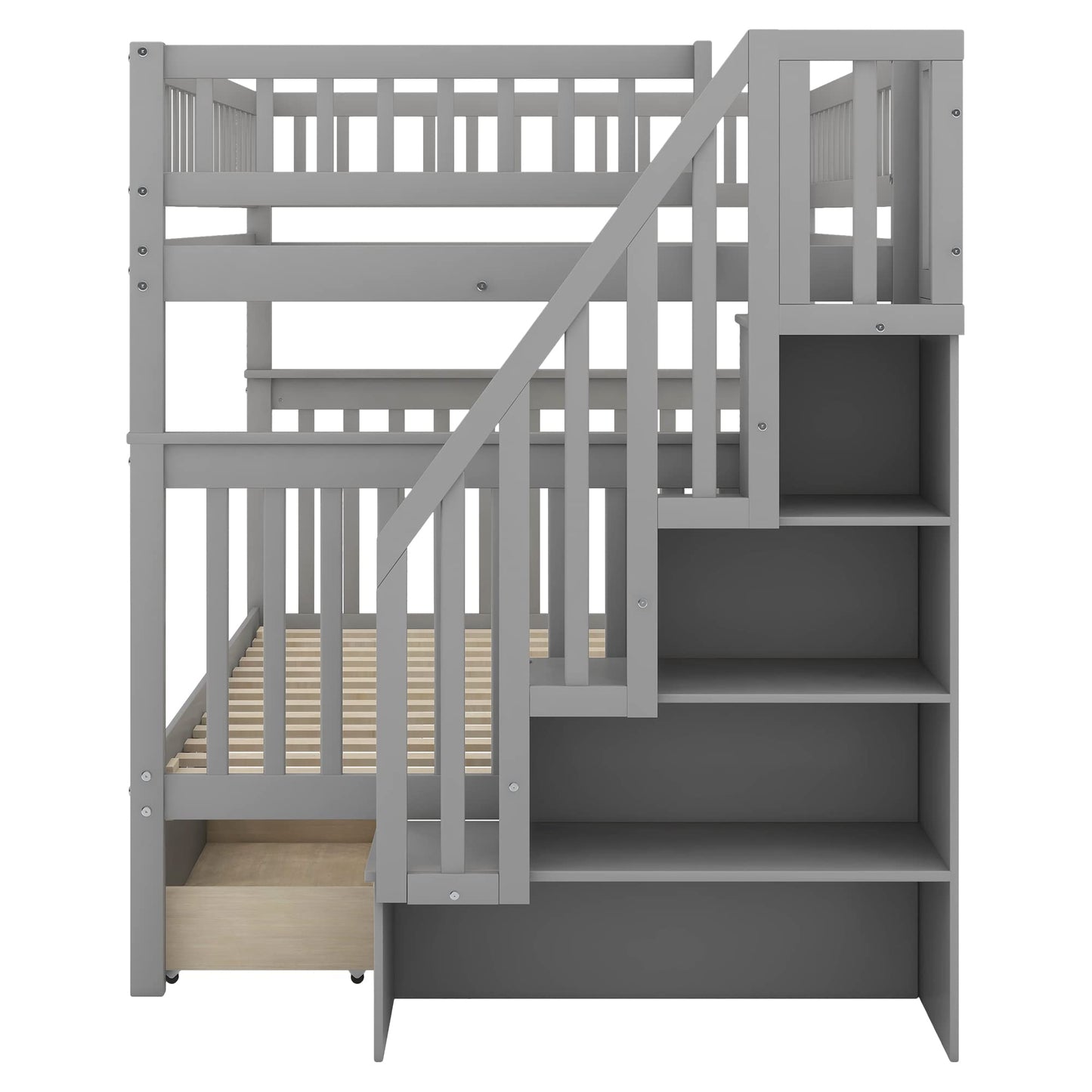 Favfurish Full-Over-Full Bunk Bed with Two Drawers and Storage,Wood Bed-Frame W/High Guardrail & Inclined Handrails,Bedroom Furniture for Children,Teens,Adults,Gray