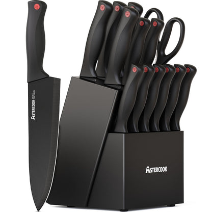 Knife Set, Astercook 15 Pieces Knife Sets for Kitchen with Block, Dishwasher Safe Kitchen Knife Set with Built in Sharpener Block, German Stainless Steel Knife Block Set, Mothers Day Gifts for Women