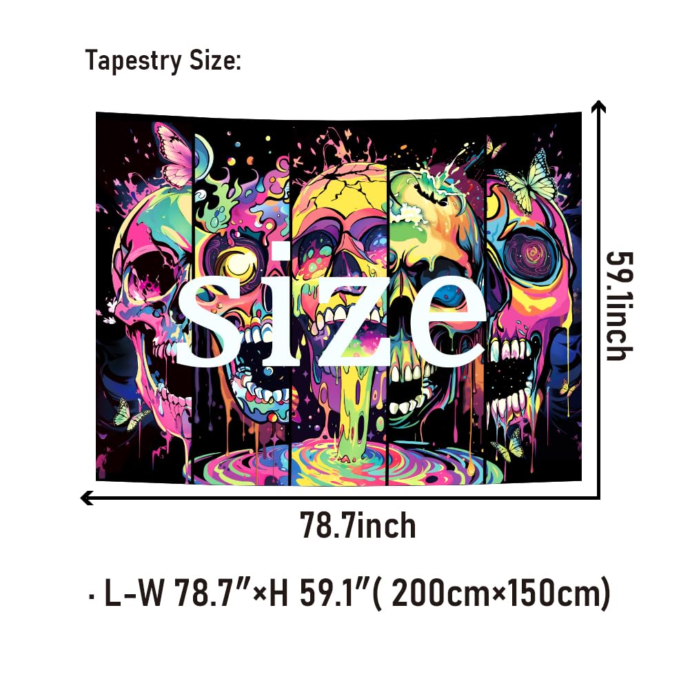 Heopapin Blacklight Skull Art Tapestry UV Reactive Neon Skeleton Butterfly Tapestries Trippy Blacklight Horror Face Wall Hanging Tapestry Halloween Aesthetic Wall Decor Tapestries for Home W78×H59