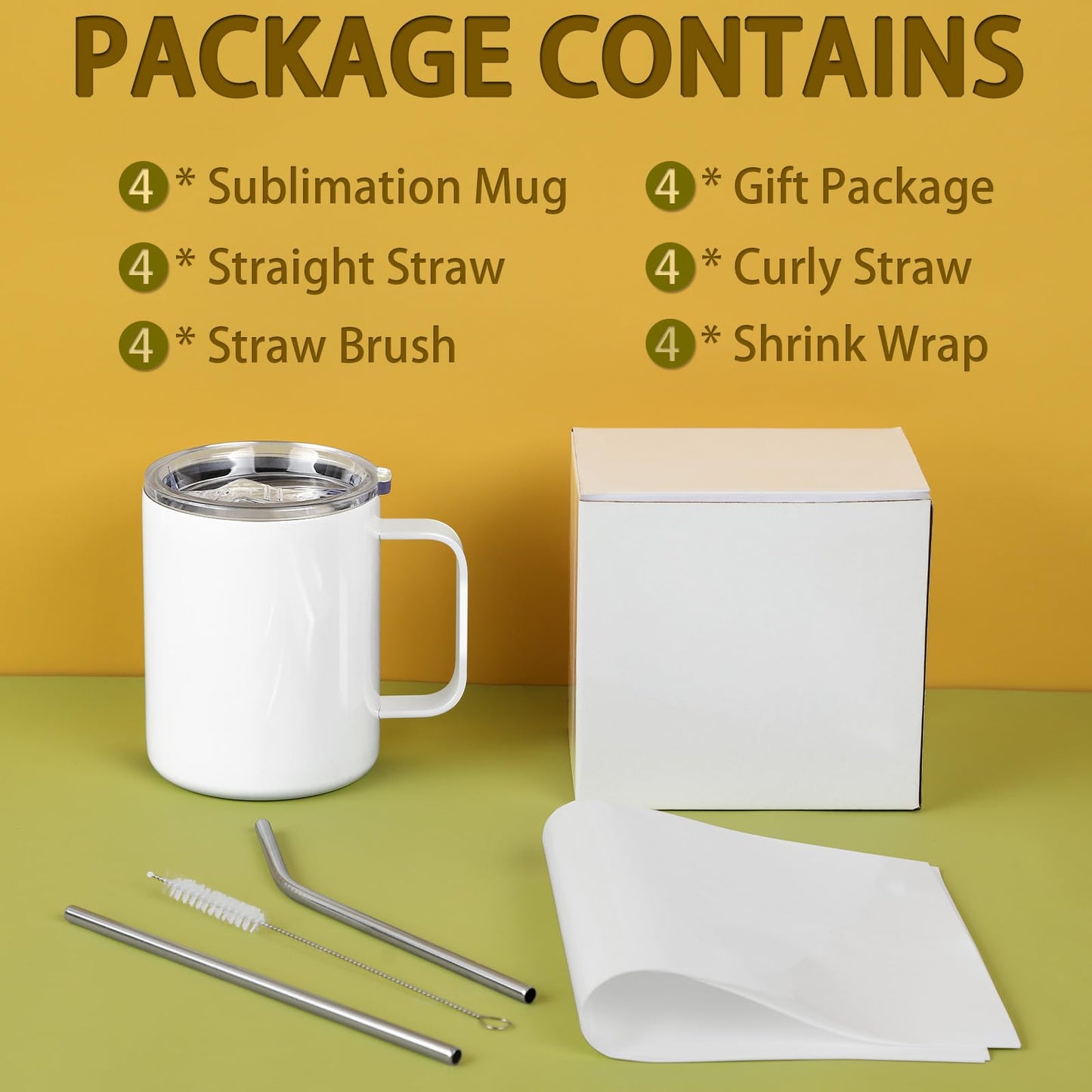 Wzaytia 12 Oz Sublimation Coffee Mug Blanks With Handle, 4 Pack Stainless Steel Sublimation Coffee Tumbler, Individually Boxed, White