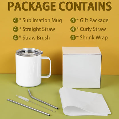 Wzaytia 12 Oz Sublimation Coffee Mug Blanks With Handle, 4 Pack Stainless Steel Sublimation Coffee Tumbler, Individually Boxed, White