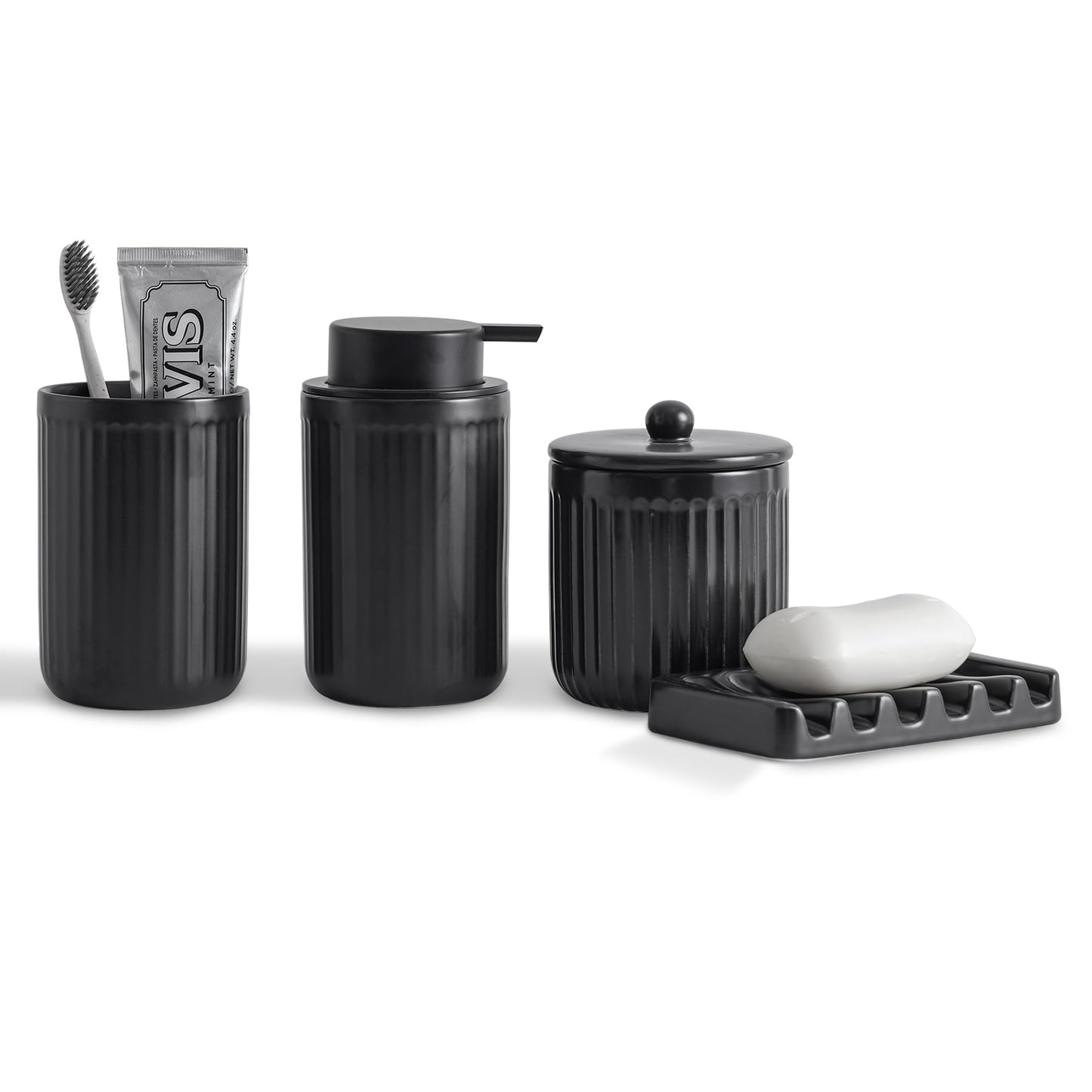 Agyiuns Ceramic Bathroom Accessories Set,Lotion Soap Dispenser and Toothbrush Holder Set, Soap Dish, Apothecary Jars,Rustic Farmhouse Decor, Bathroom Home Decor (Black Set, Liquid)