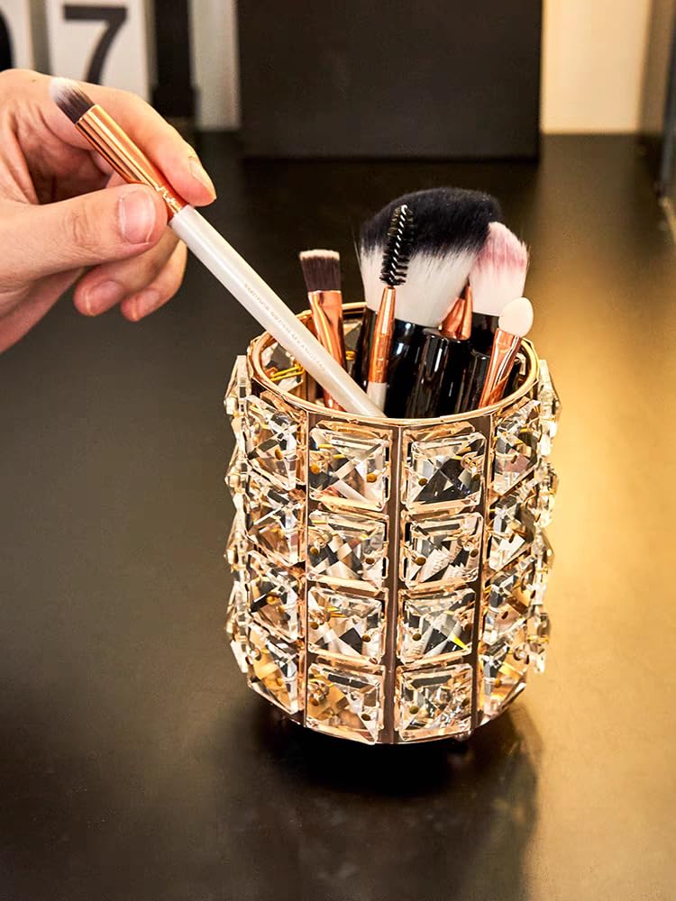 JOSALINAS Golden Crystal Makeup Brushes Holder Organizer for Cosmetics Comb Brushes, Eyebrow Pen Pencil Storage Case Container, Golden