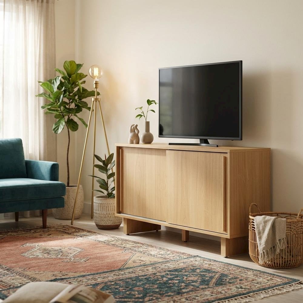 Furnifact White Oak Record Player Cabinet with Vinyl Storage, Audio Stand, Storage Compartments, Durable, for Living Room or Studio