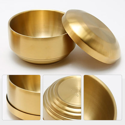 Stainless Steel Rice Bowl with Lid, Set of 2, Double-walled Metal Bowls for Korean Kitchen, 10.5cm Gold