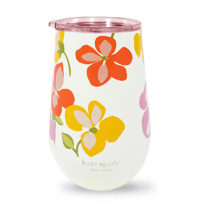 kate spade new york Insulated Stainless Steel Wine Tumbler, 16 Ounce Double Wall Tumbler, Floral Stemless Travel Cup with Lid (Spring Pansies)