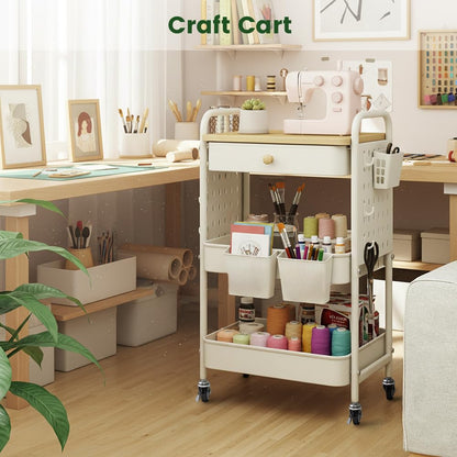 danpinera Rolling Utility Cart with Drawer, 3 Tier Rolling Cart with Wheels, Hooks & Hanging Cups, Craft Cart Art Cart Snack Cart Rolling Storage Cart with Wooden Table Top & DIY Pegboards, White