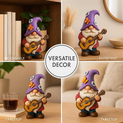 GoGnome Musical Gnome Figurine - Handcrafted 6.2" Tall Resin Garden Decoration with Guitar & Purple Hat