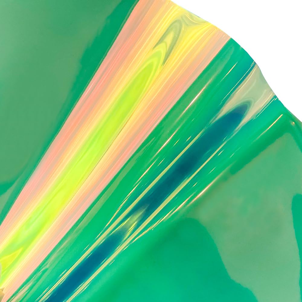 ONEART | 30 Gauge Holographic Clear Vinyl Roll, 12" x 54" Waterproof Iridescent Transparent TPU Jelly Plastic Fabric for DIY Crafts-Green