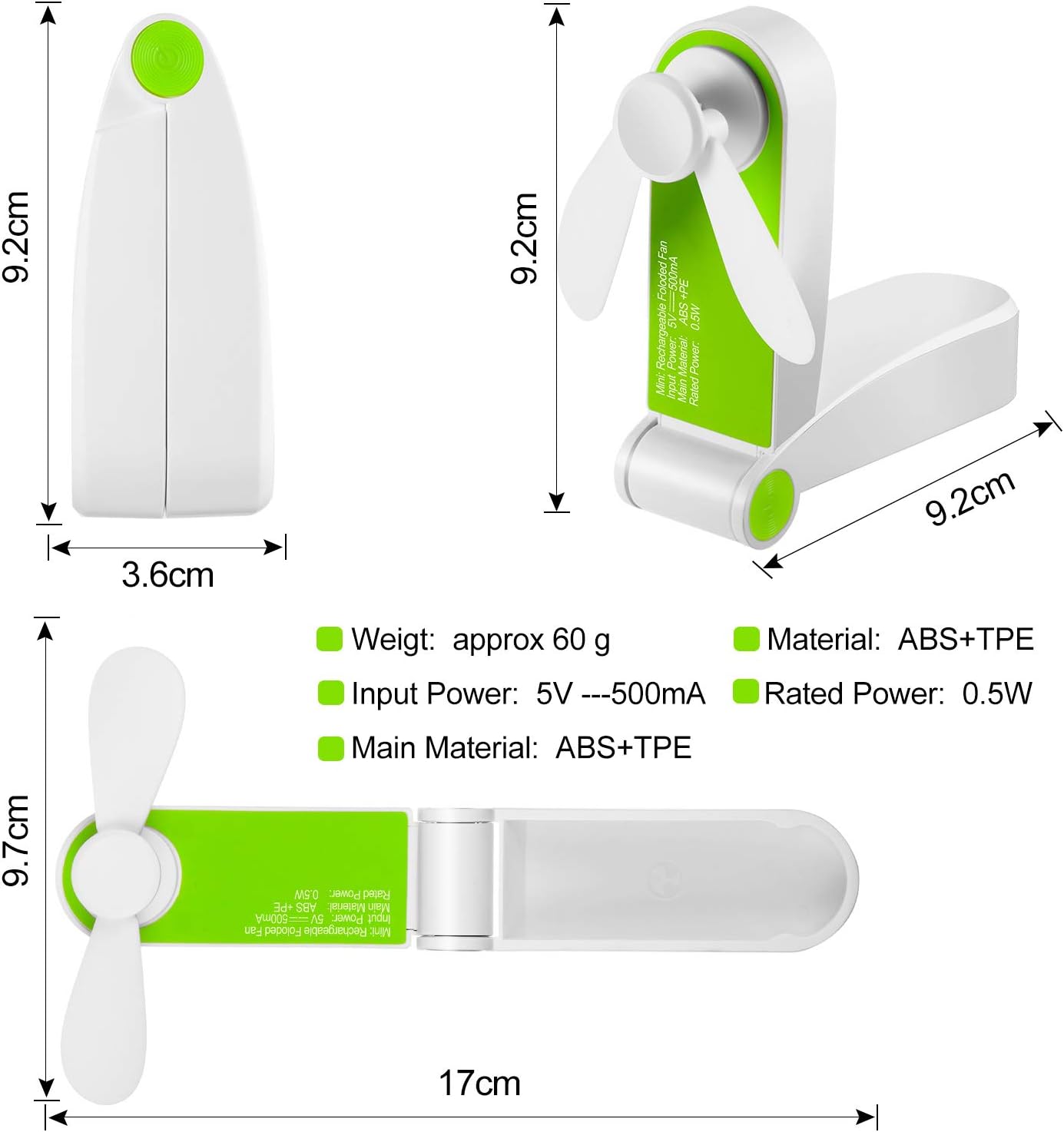 3 Pack Portable Pocket Fans, Handheld Mini Fan, USB Rechargeable for Travel and Outdoors
