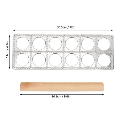 WAHEWUD Ravioli Cutter Aluminum Alloy 12 Cavity Ravioli Mold Set with Solid Wood Rolling Pin Consistent Shape Design Empanada Maker Press for Home Kitchens Tortellini Dough Types