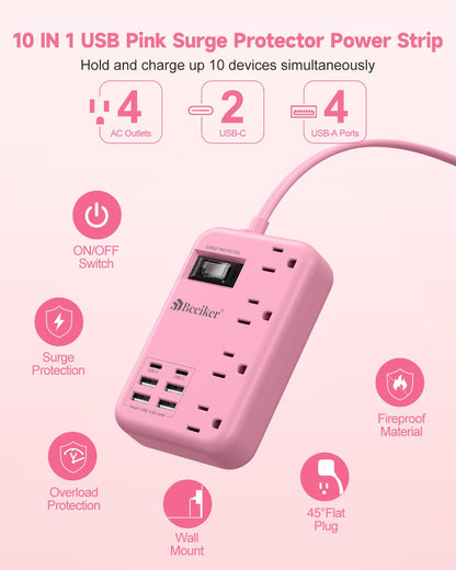 6 USB(2 USB C) Purple Travel Power Strip- 5Ft Lavender Extension Cord with 24W USB Charging Station and 4 Outlets, Purple Desk Accessories with Surge Protector for Cute Kawaii Office Dorm Room