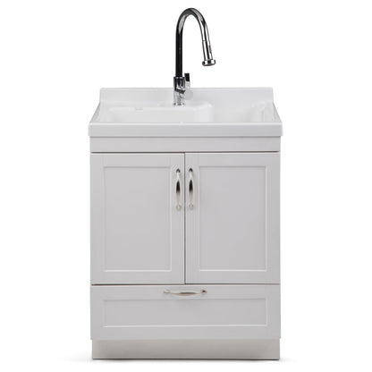 SIMPLIHOME Maile All-in-One 28 inch Wide Utility Sink and Laundry Cabinet in Pure White Finish, Transitional ABS Sink Cabinet for Laundry Rooms or Garage with High-Arch Chrome Faucet and Storage
