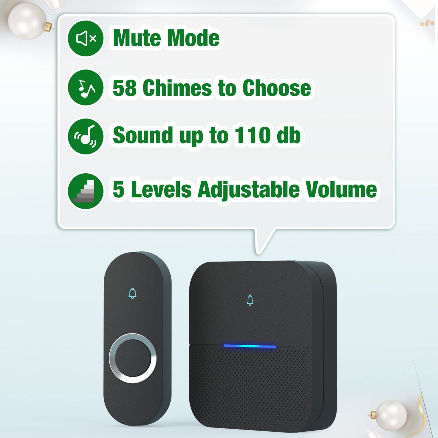 AIDA Lighted Wireless Doorbell for Home, Waterproof Battery Doorbell Wireless 1,000ft Range, 5 Volume Levels with 58 Doorbell Chimes & LED Flash (White, Doorbell with 2 Buttons & 1 Receiver)