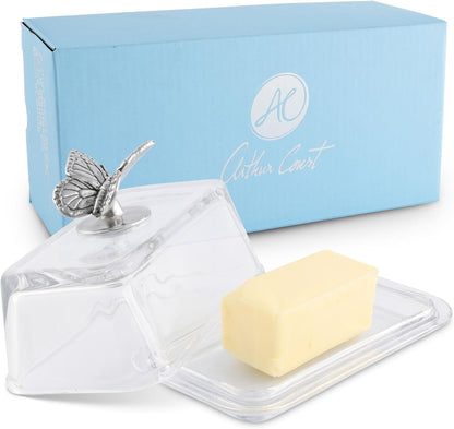 2-Piece Arthur Court Glass Butter Dish with Lid Butterfly Knob | Classic Design Covered Butter Keeper | Covers