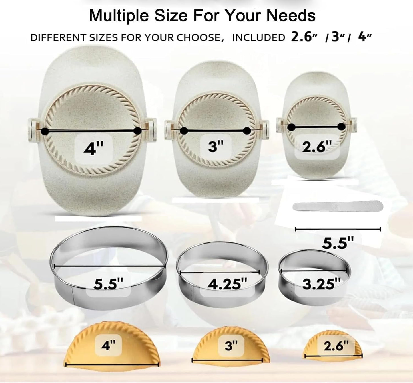 3 Sizes Empanada Maker Press, Multiple Size Dumpling Maker Set with Dough Cutter, Dumpling Mold Set for Pierogi, Pastelitos, Calzone, Turnovers, Chinese Dumpling (4.2"/3"/2.6")