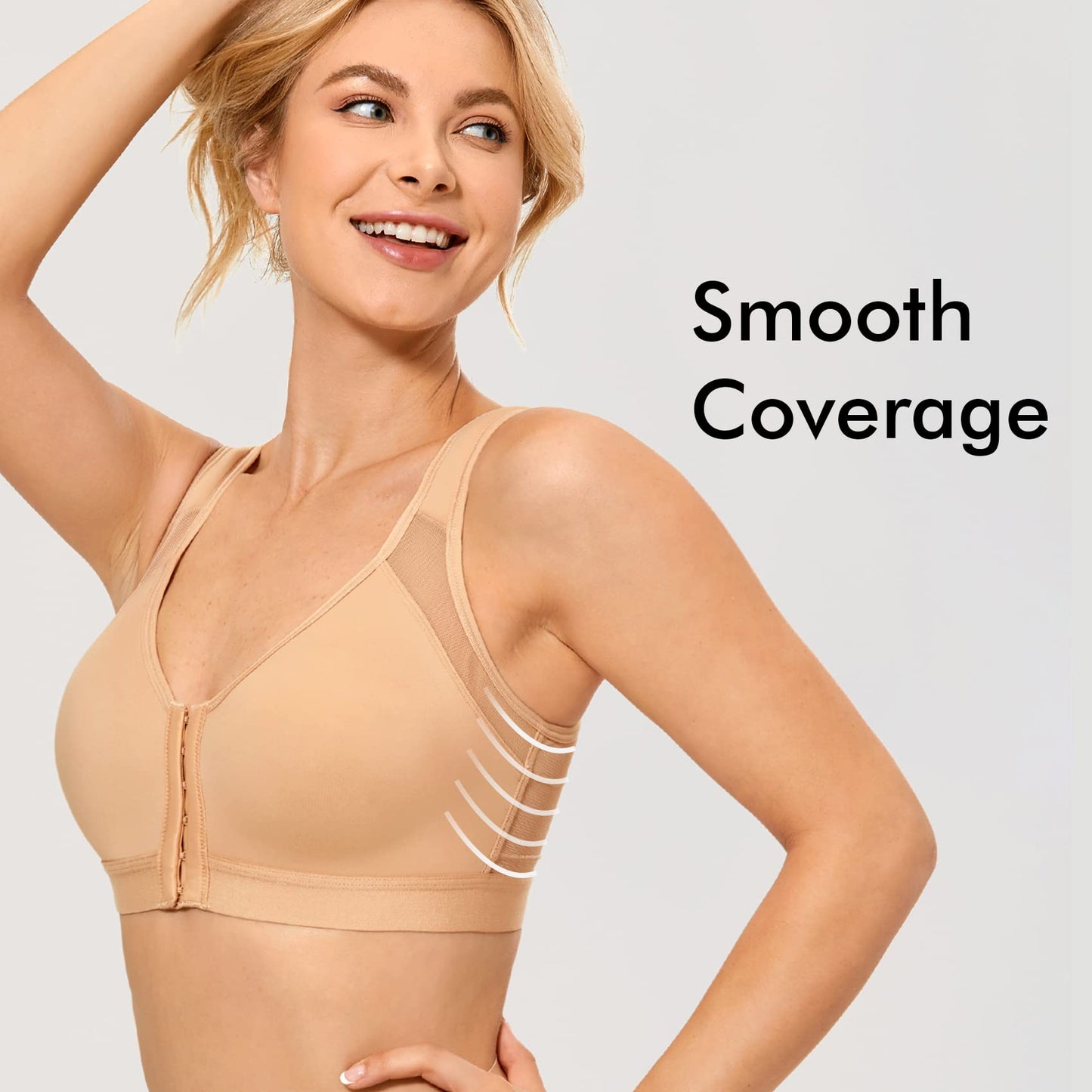 DELIMIRA Women's Front Closure Posture Wireless Back Support Full Coverage Bra Taupe Tan 36C