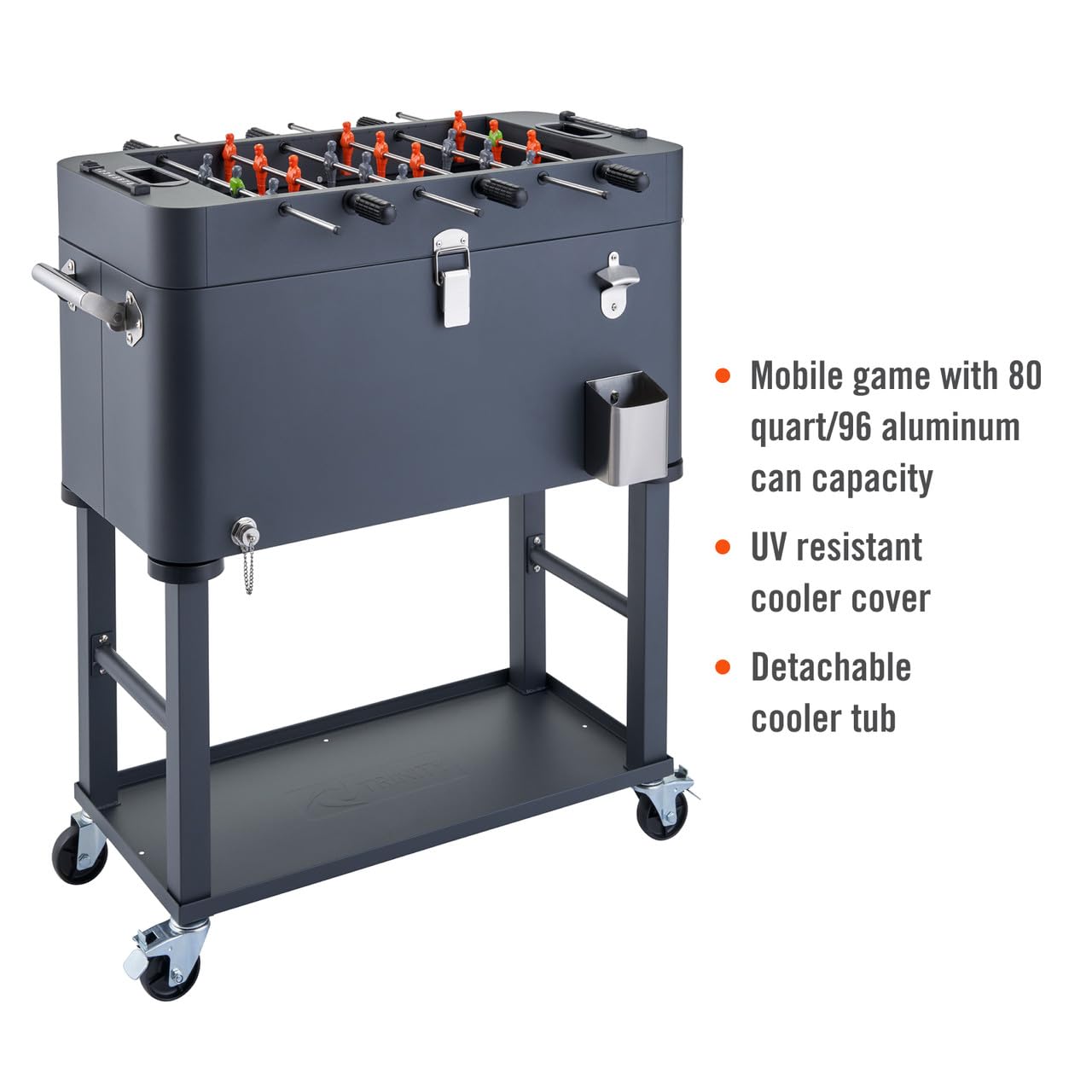 TRINITY 80 Quart Beverage Cooler and Ice Chest with Foosball Table Top and Bottle Opener, Rolling Cart and Storage Shelf, Detachable Tub, 96 Can Capacity, Includes Protective Cover, Charcoal Gray