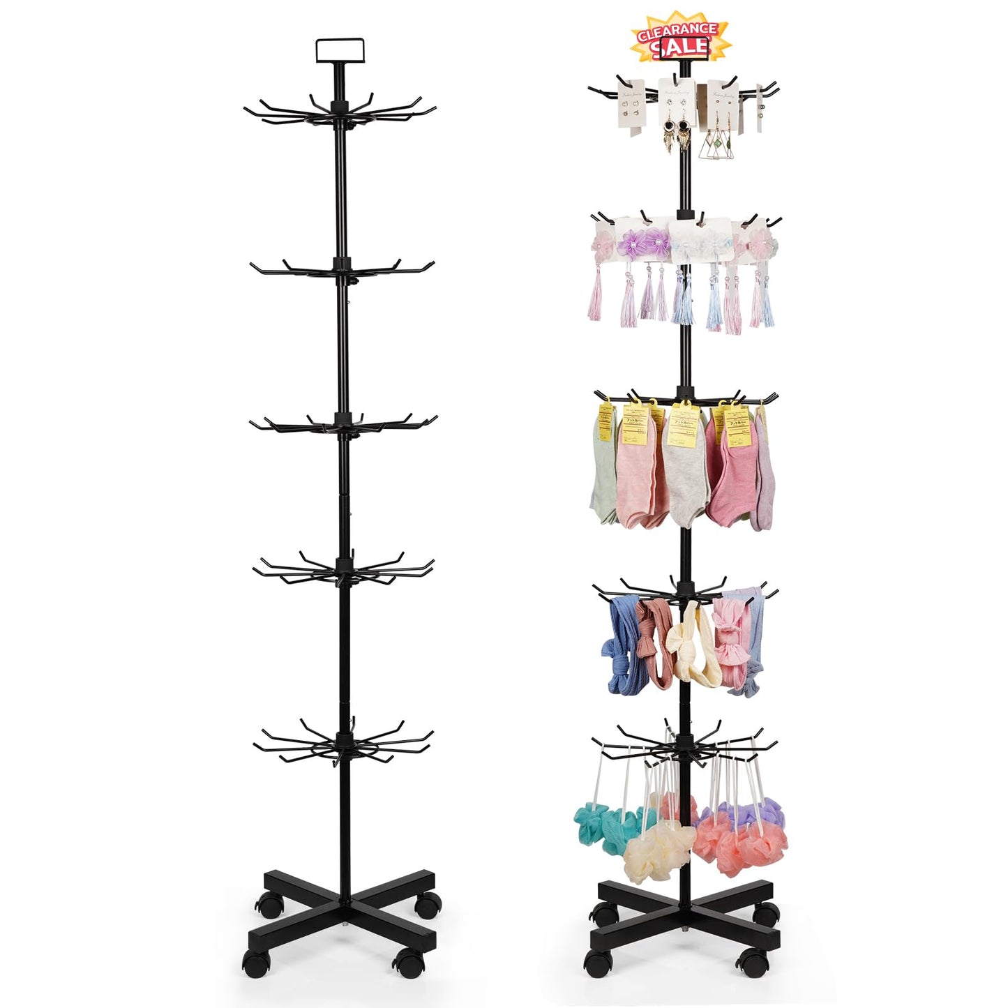 Exttlliy 5-Tier Metal Spinning Display Stand Rack with Wheels, Black Iron, 50 Hooks, Lockable Wheels, Ideal for Jewelry, Accessories, Foods