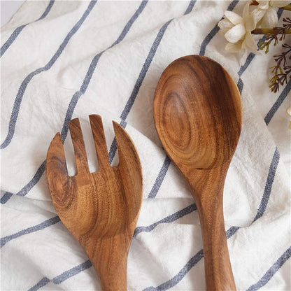 Wooden Salad Server Set of 2, 10-Inch Acacia Stirring Spoon Utensils for Serving Salad