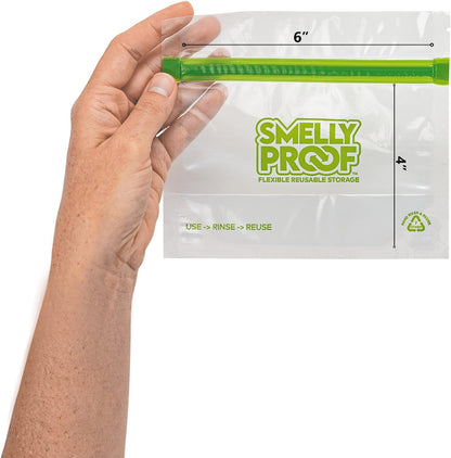 Smelly Proof 10 x Expandable Stand-Up & Fill REUSABLE Storage Bags for Food Designed & Mfg in US, NO PEVA, BPA FREE, Reusable Snack Bags, Dishwasher-Safe, Clear 3 mils STAND & FILL 6" x 4" - 10pk