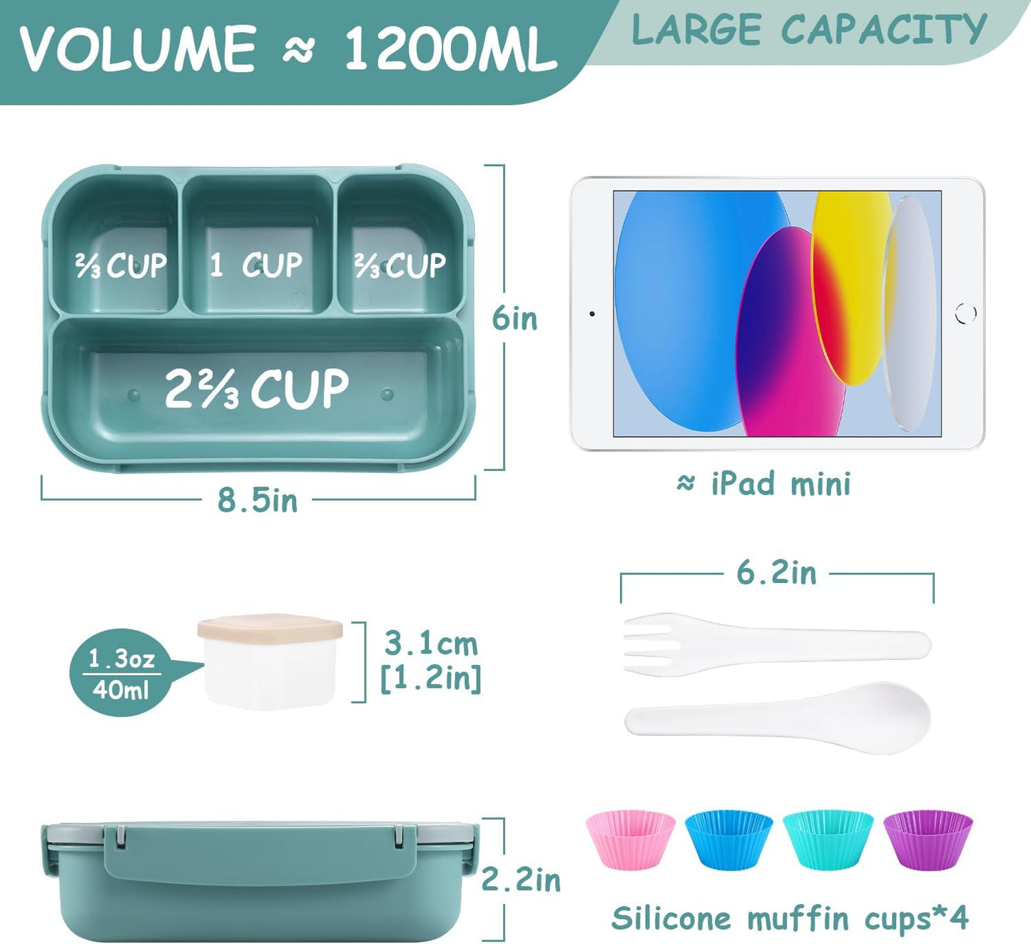 Bento Box Adult Lunch Box, 1200 ML Food Storage Container with 4 Compartments, Leak-Proof and Dishwasher Safe