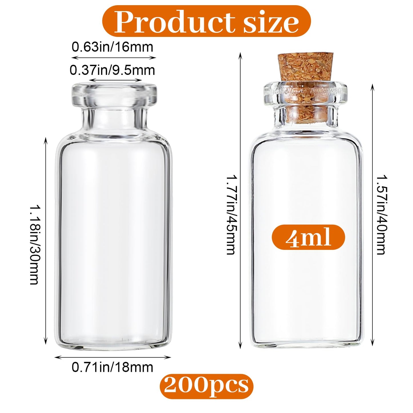 HOFURME 200 Pcs Tiny Jars with Cork Lids, 4ml Mini Glass Bottles with Cork - Clear Small Vials for DIY Crafts, Wedding Favors, Party Decorations, Spell Jars & Message Bottles