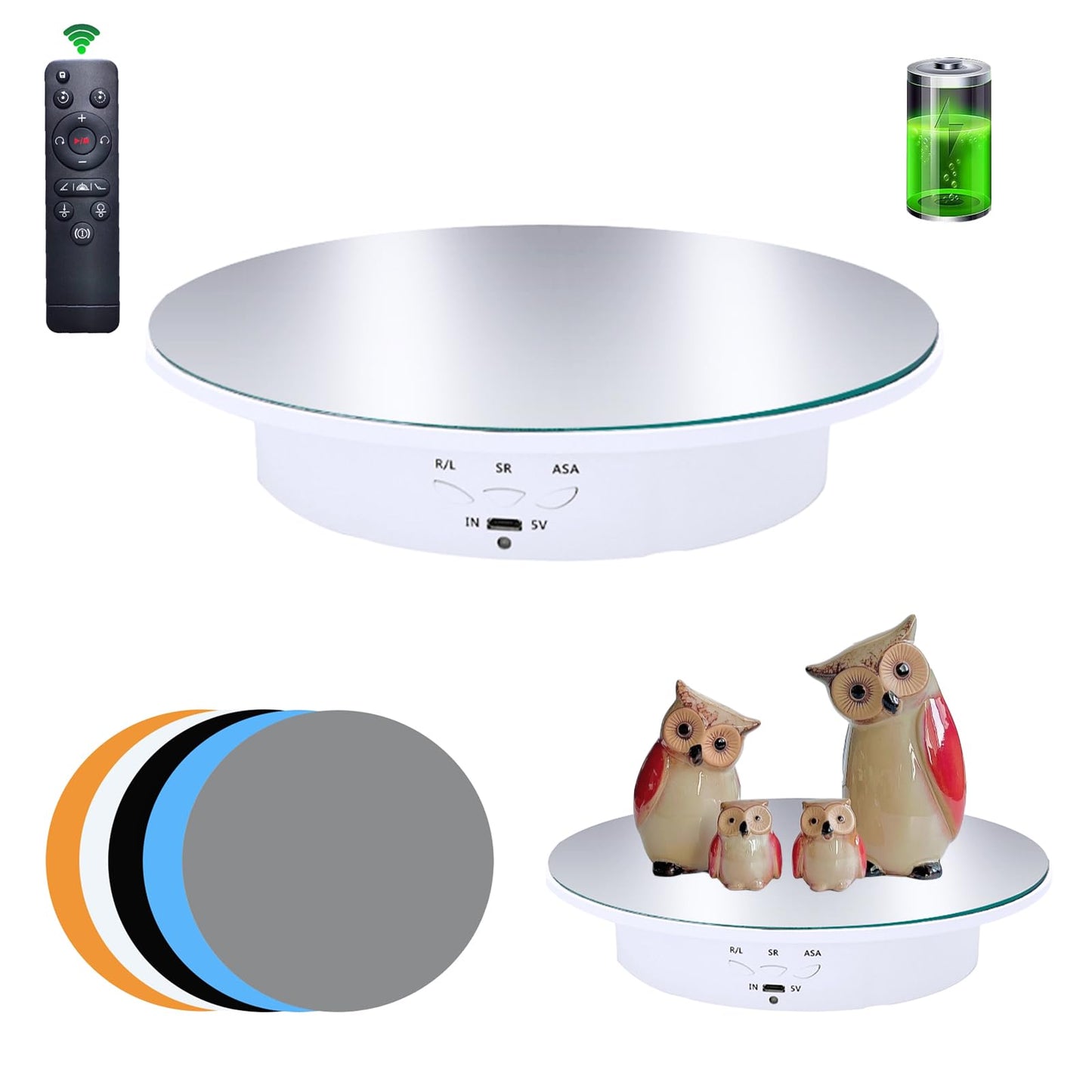 JAYEGT Motorized Rotating Display Stand, 7.87inch /17.6lbs Load, 360 Degree Electric Rotating Turntable for Photography Products, Jewelry，5 Colors Backgrounds, Mirror Cover (White/Remote Control)
