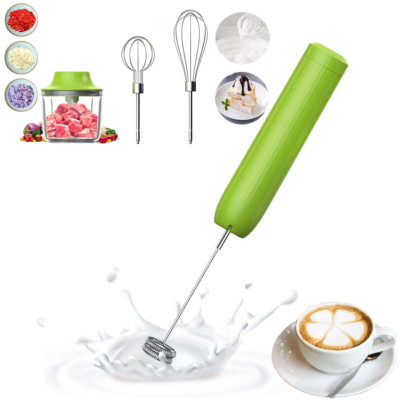 4-in-1 Electric Hand Mixer, Electric Whisk, Mini Onion Chopper 10Oz, Small Cordless Hand Blender, Milk Frother Wand for Coffee, Matcha, 4 Speed Rechargeable Food Processor for Baby Food Maker