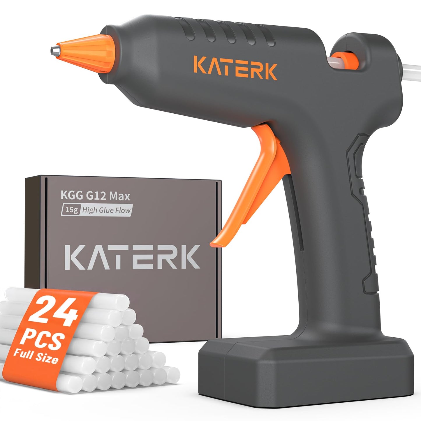 Katerk 12V Full Size Cordless Hot Glue Gun with 24 Glue Sticks, Drip-Free Fast Heating Rechargeable and Heavy Duty Battery Operated Glue Gun and Sticks Sets 11mm x24 for Crafts DIY, Repair, Gift