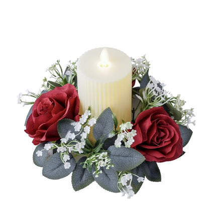 2 Pcs Artificial Rose Candle Rings Holder,Christmas Floral Wreaths with Eucalyptus Leaves Greenery Candle Rings for Pillar Candle Lantern Wedding Centerpiece Party Home Table Decor (Red)
