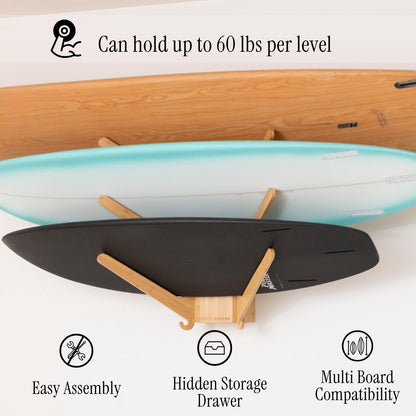 LISS The Sun Rack - Premium Wood Surfboard Wall Mount Rack Display, Ski, Snowboard Holder for 3 Boards for Garage & Home Storage with Built-In Drawer & Hooks for Longboards Shortboards, Wakeboards