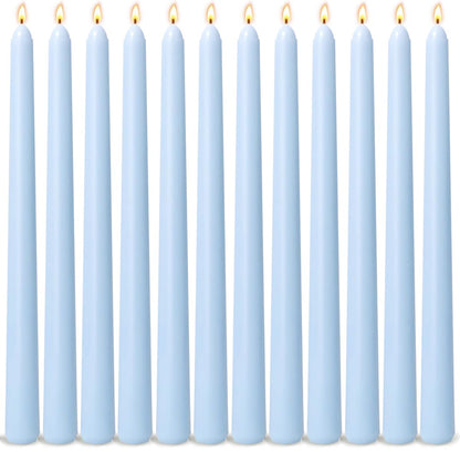 12-Pack Ice Blue Taper Candles, 10 Inch Unscented Dripless Candlesticks, Long-Lasting Burn Time of 7-8 Hours, Perfect for Home Décor Weddings Babyshower and Events