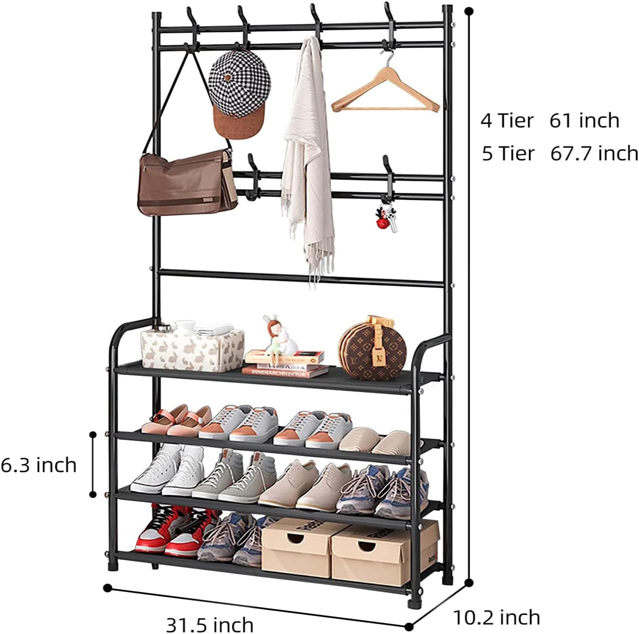 8 Closet 4 Shoe Rack Shoe Storage Shelf Freestanding with Hooks for Entryway Bedroom Tier, Black