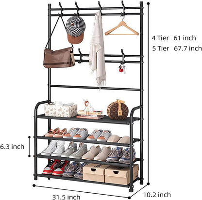 8 Closet 4 Shoe Rack Shoe Storage Shelf Freestanding with Hooks for Entryway Bedroom Tier, Black