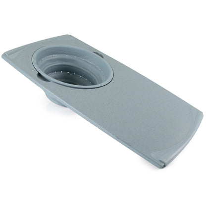 Dexas Over the Sink Poly Cutting Board with Collapsible Colander Strainer, 11.5 x 20", Natural/Gray