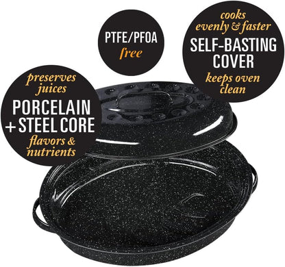Granite Ware 15-Inch Covered Oval Roaster, 10 Lb Capacity, Enamel Steel Cookware, Dishwasher Safe, Speckled Black