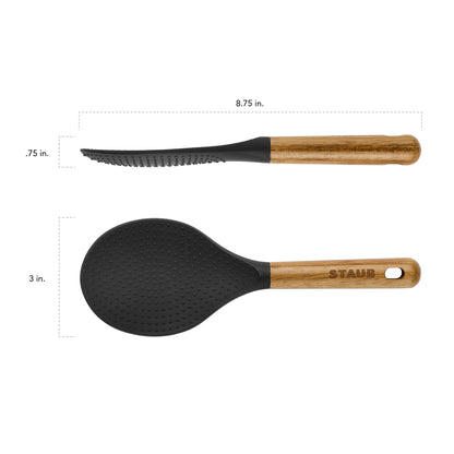 STAUB Rice Spoon, Perfect for Keeping Rice Fluffy While Scooping and Serving, Durable BPA-Free Matte Black Silicone, Acacia Wood Handles, Safe for Nonstick Cooking Surfaces, 8.75 x 3 x 0.75 inches