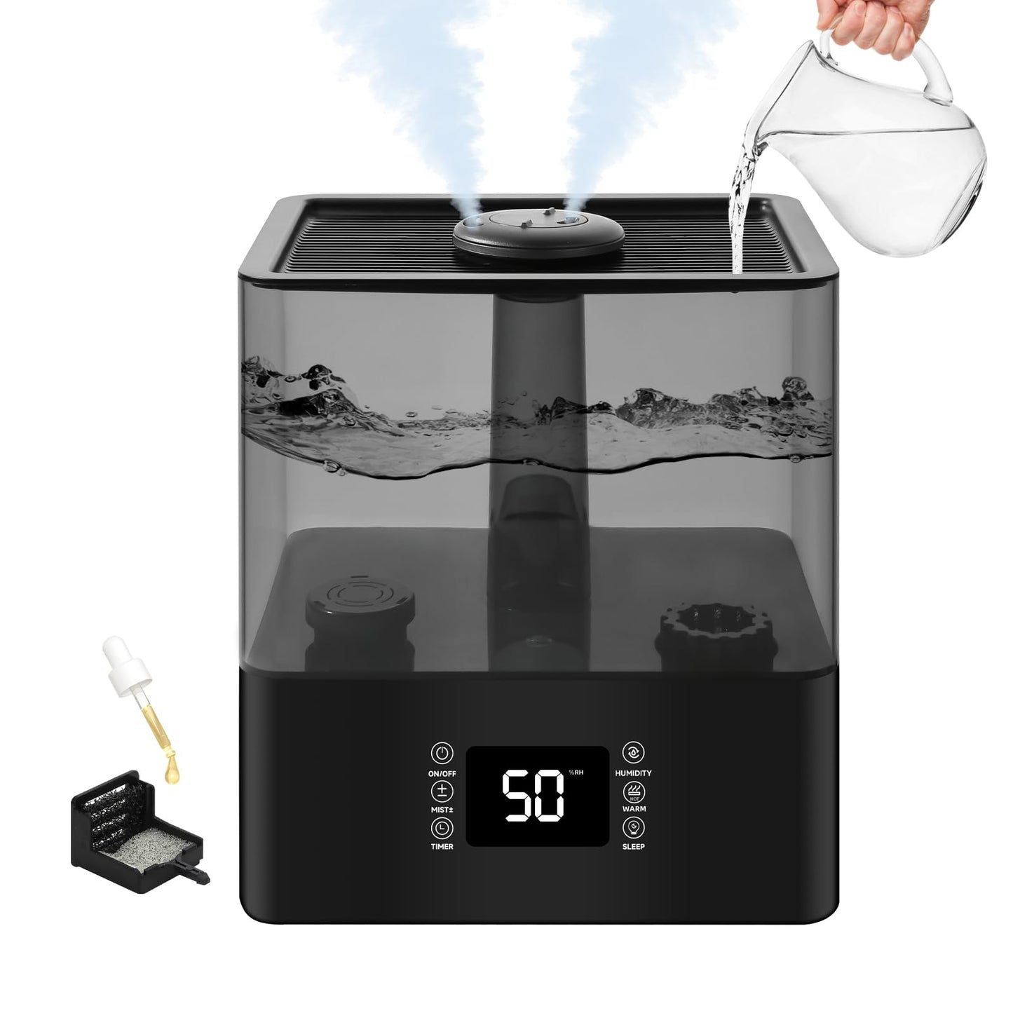 6L Humidifiers for Bedroom Large Room, Cool and Warm Mist Humidifiers for Nursery & Plants, Mist Top Fill Desk Humidifiers Essential Oil Diffuser with Adjustable Mist,360°Nozzle，Auto Shut-Off-Black